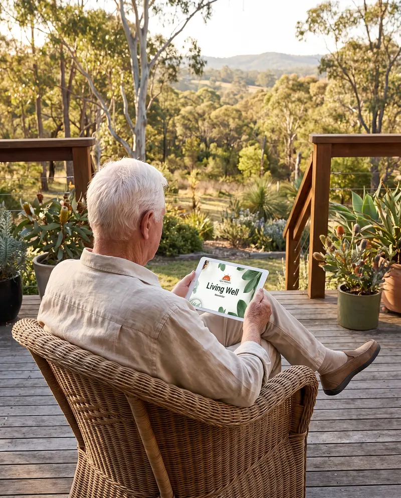 An older Australian man reading the Living Well newsletter on a tablet, on a timber deck overlooking bushland.