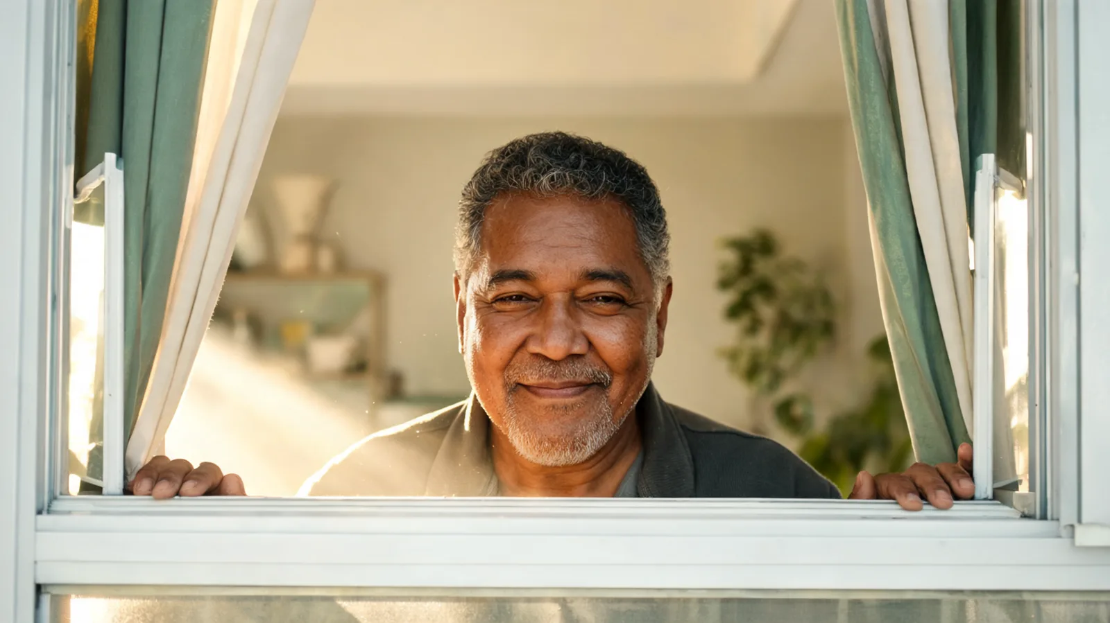 An older man opening a window in a tidy, sunlit room as fresh curtains move in the breeze.
