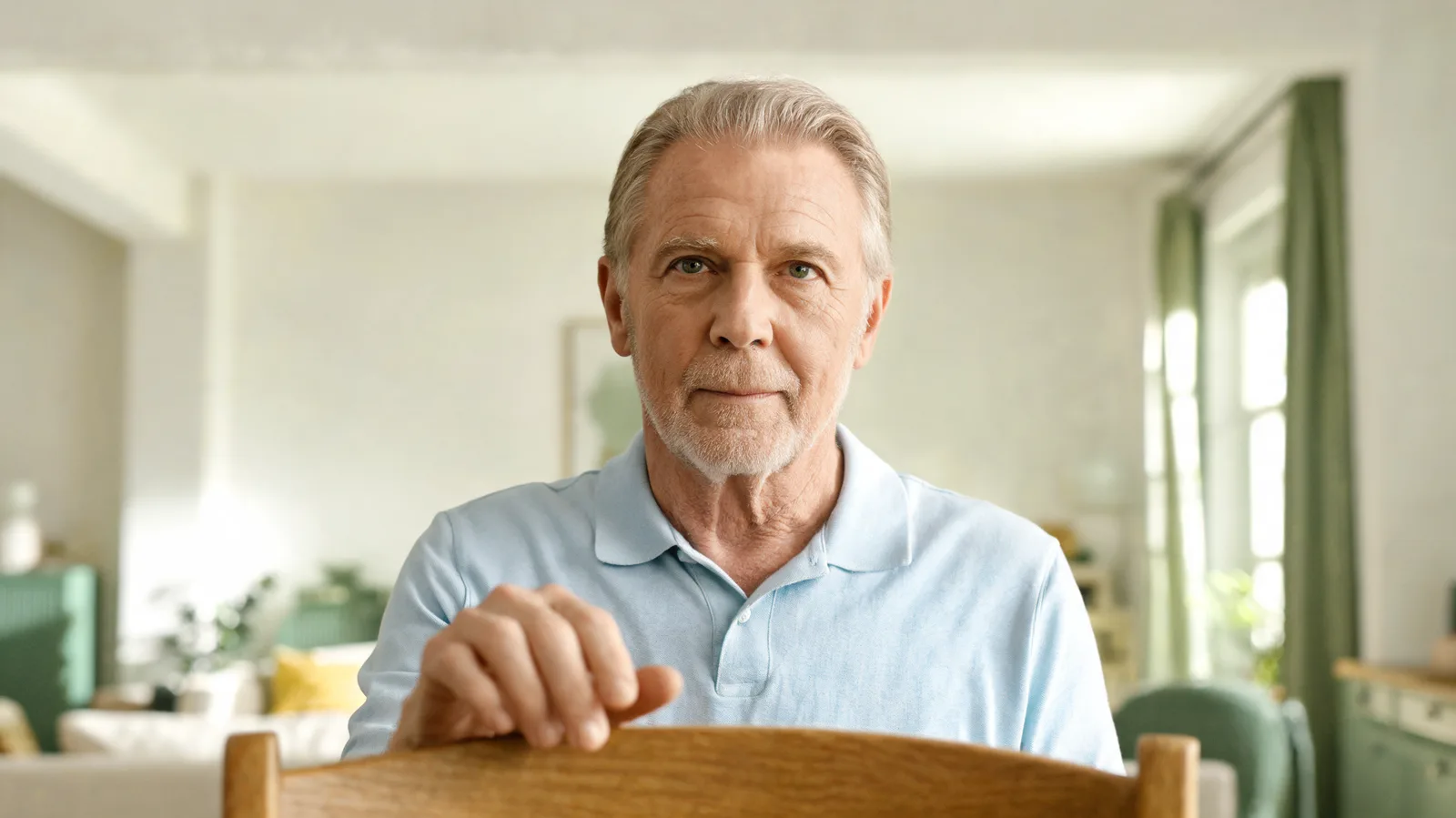 Older man balancing beside a timber kitchen chair in a bright living room, one hand resting lightly on the chair back.