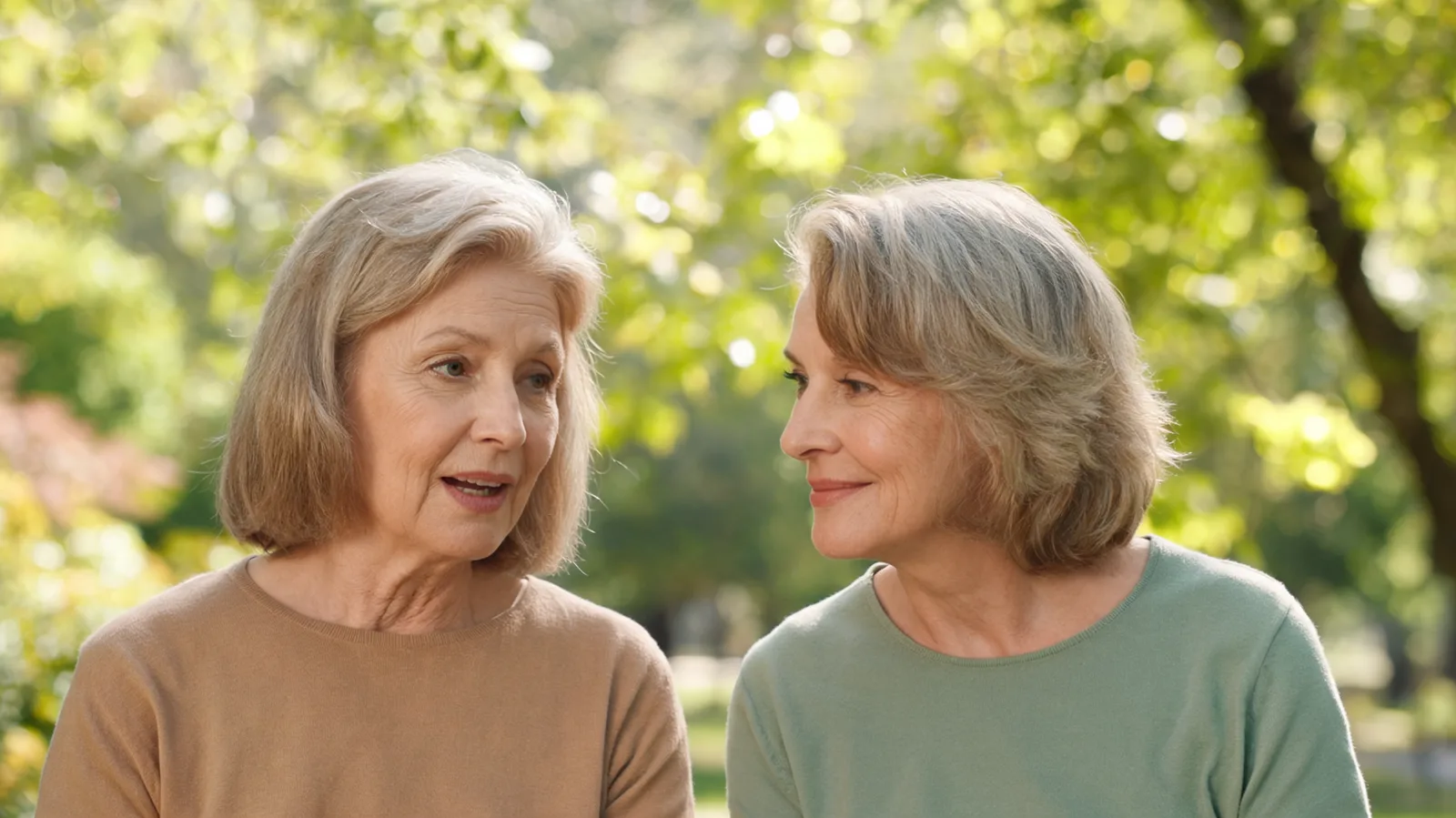 Two women walking together on a leafy park path in spring
