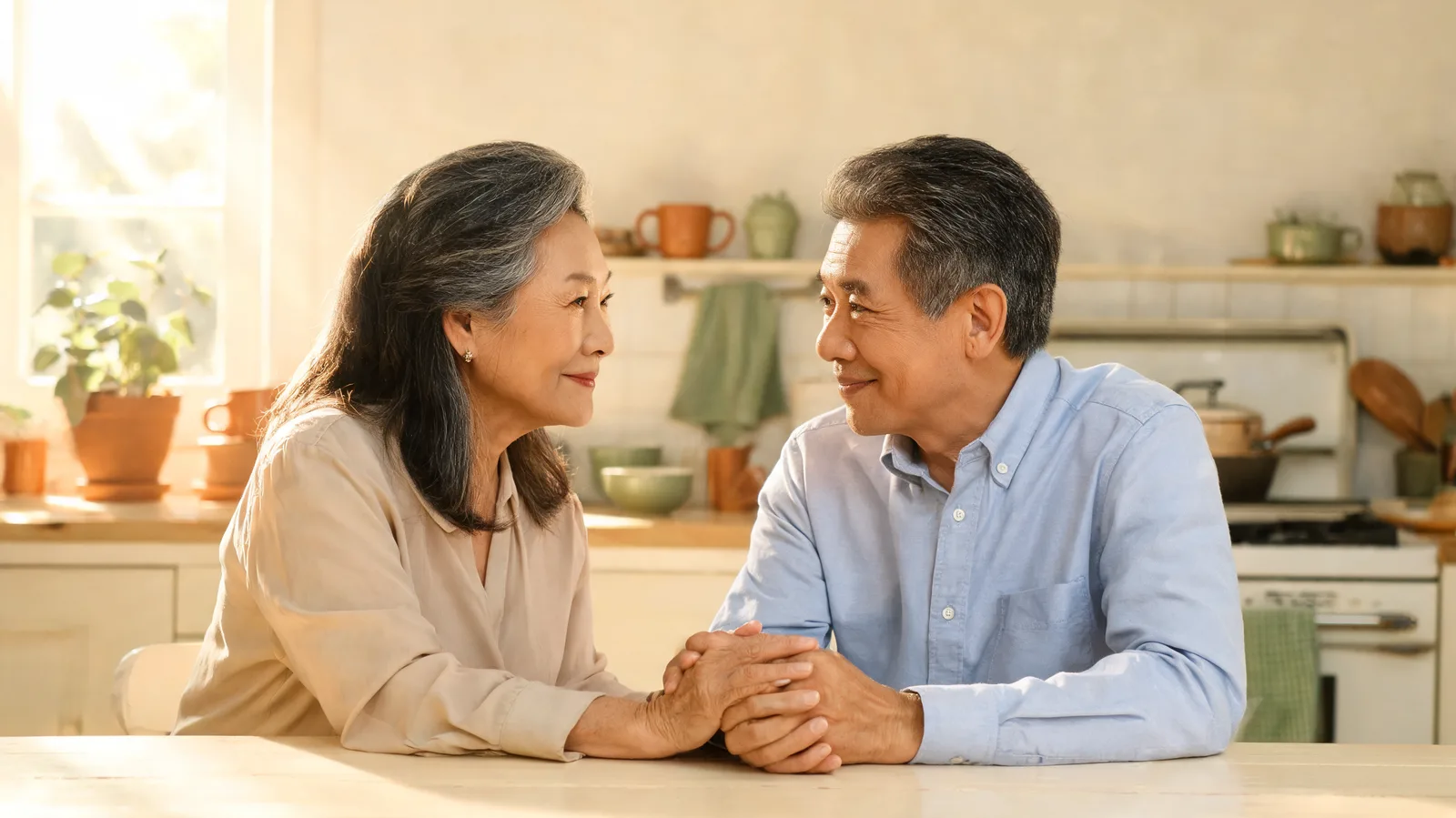 A Chinese Australian woman sitting with her husband at their kitchen table in warm domestic light.