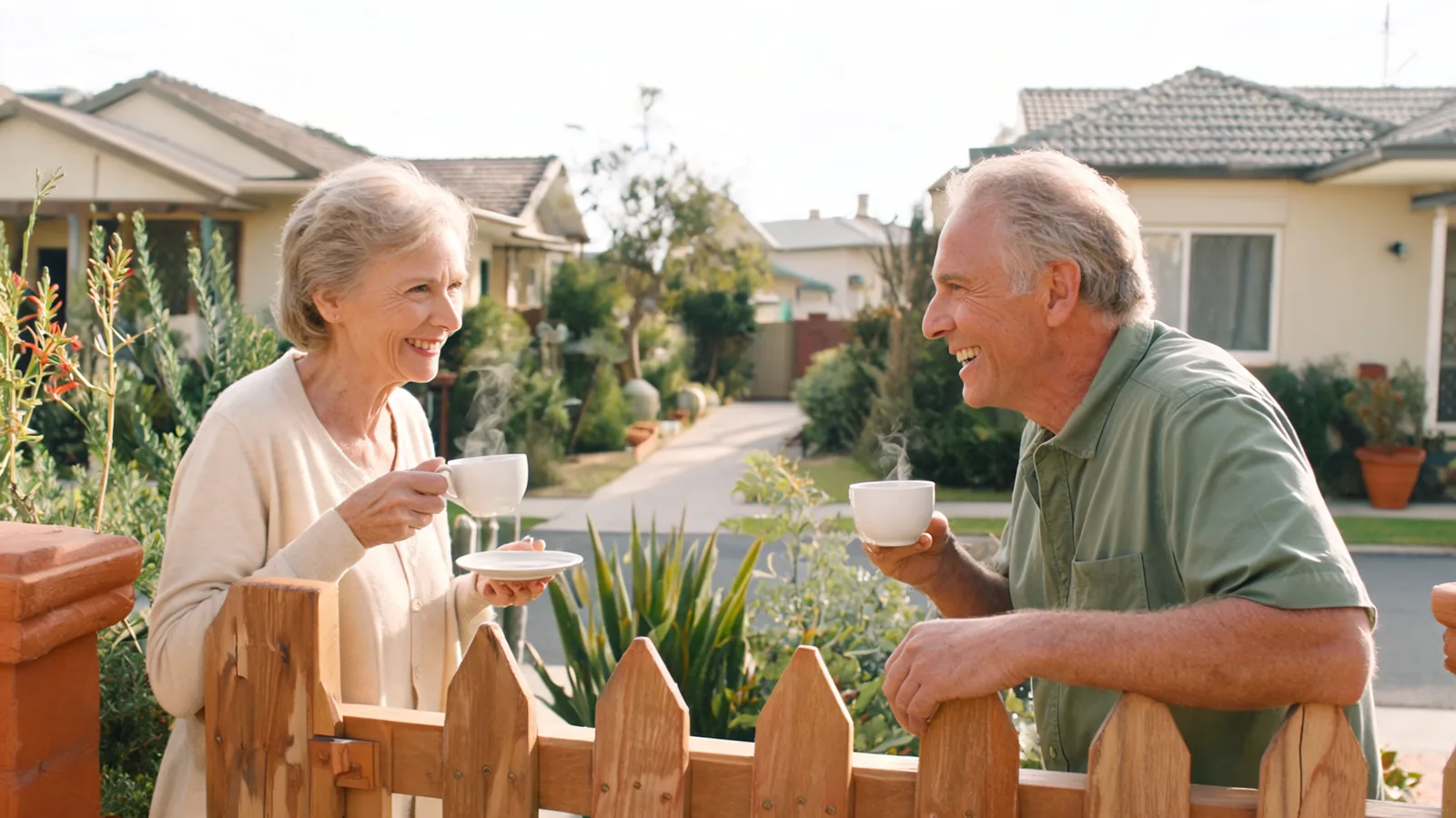 Two older neighbours smiling and chatting over a garden fence, each holding a warm cup of tea in a suburban street.