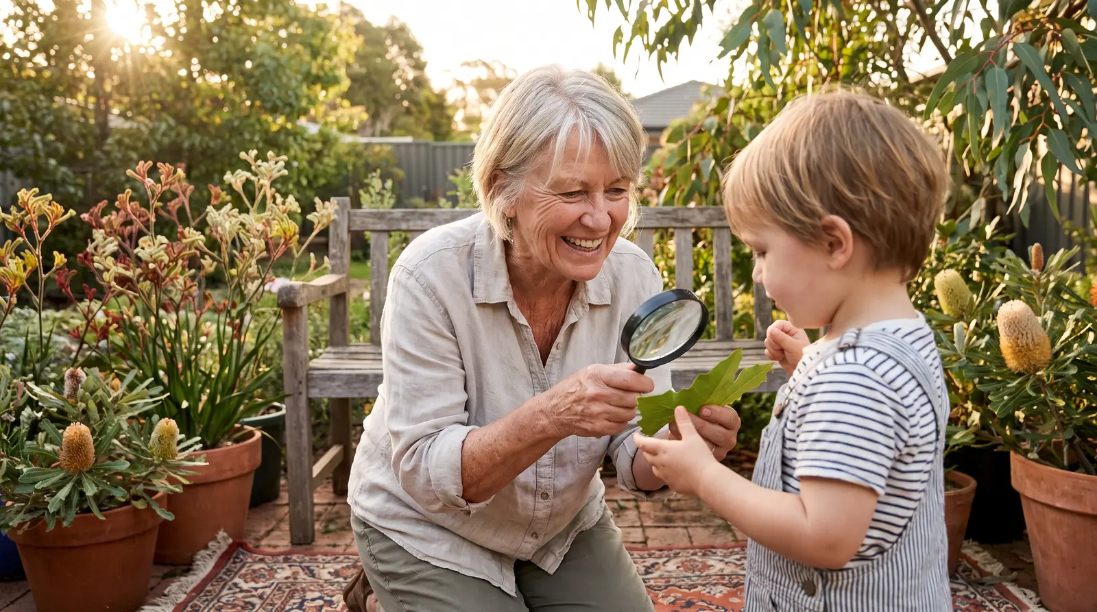 A grandmother and her young grandchild examining a leaf through a magnifying glass together in a sunlit garden.