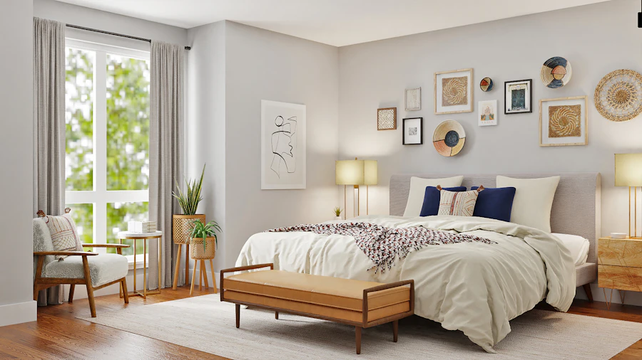 Calm softly lit bedroom with warm tones, representing a restful sleep environment