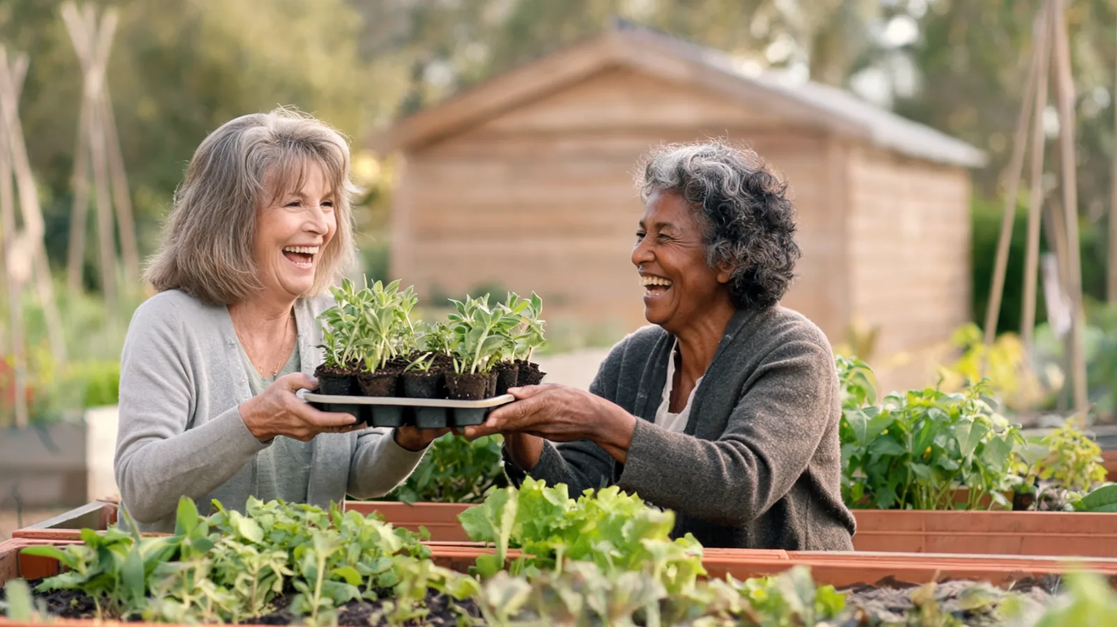 Two older friends laughing over a raised vegetable bed in a community garden, one handing the other a tray of seedlings.