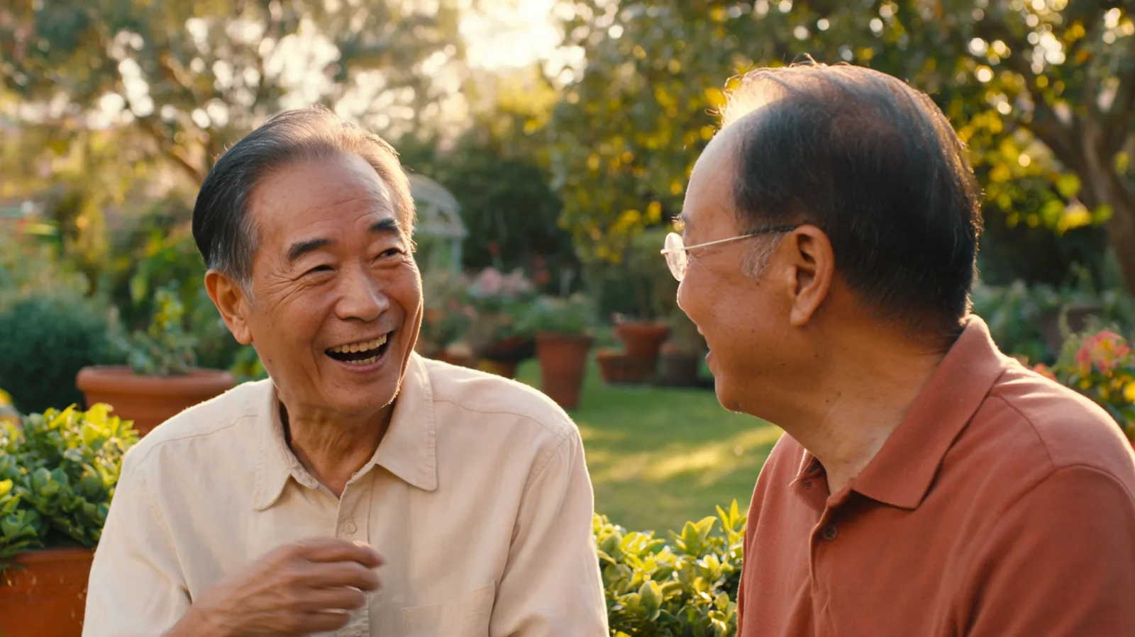Two older men laughing together in a warm, sunlit garden, enjoying an easy conversation.