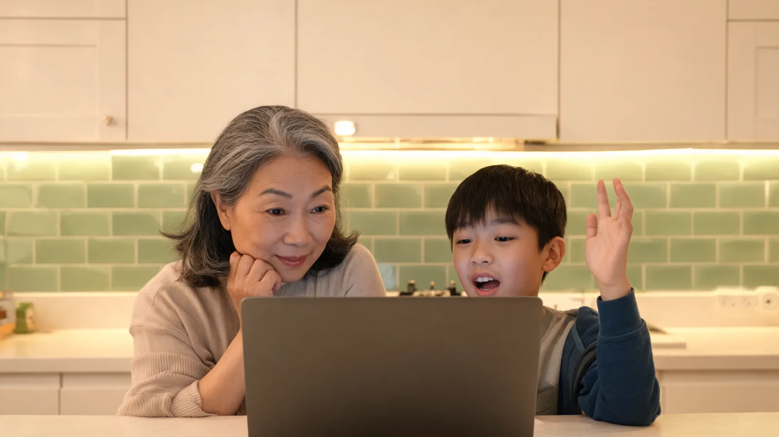 Grandmother and her grandson looking at a laptop together at a kitchen bench, the boy explaining.