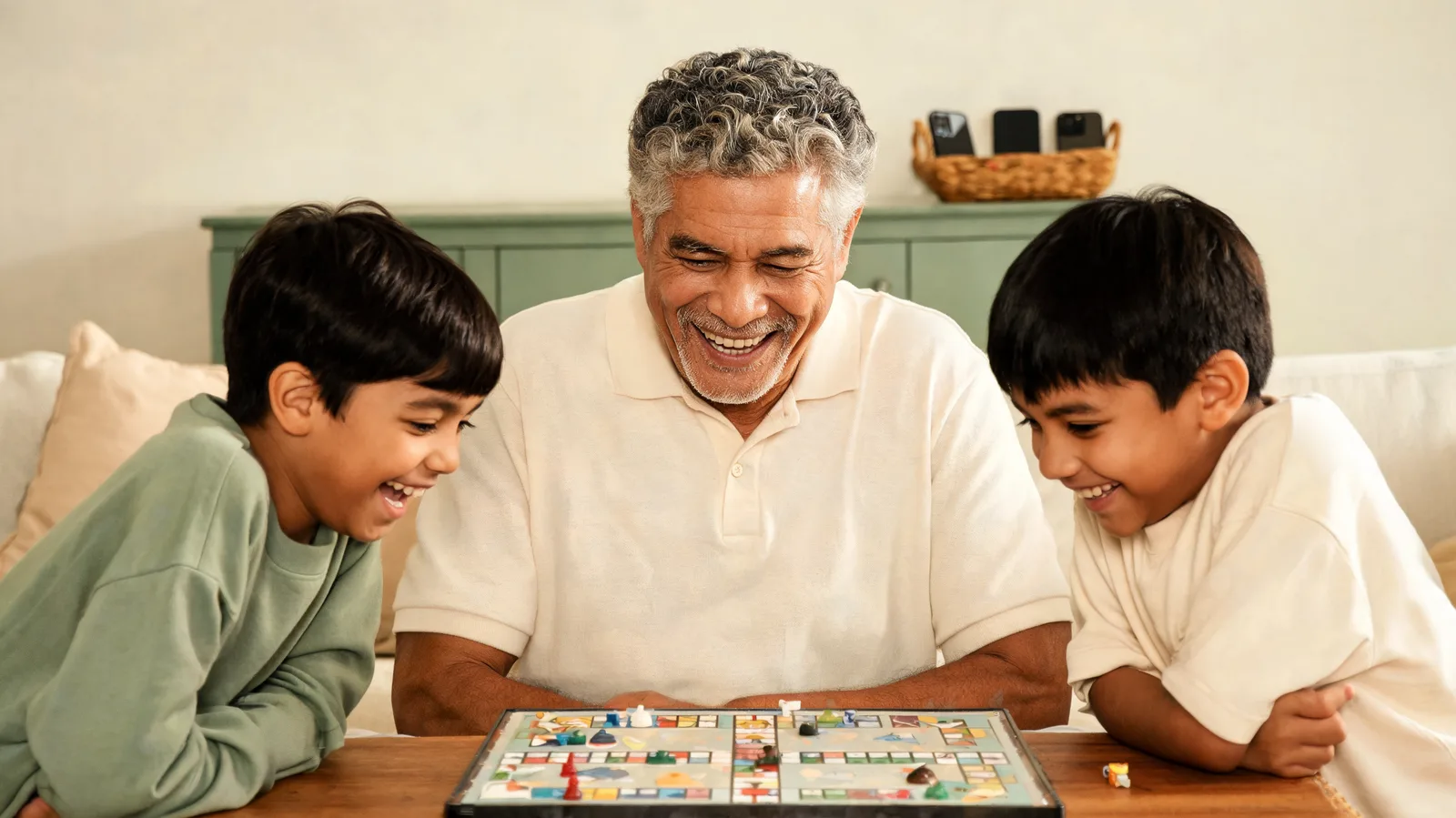 Grandfather playing a board game with his two grandsons at a coffee table.