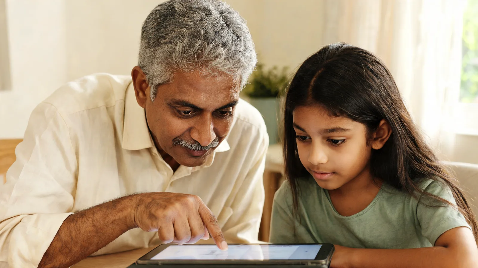 Grandfather and his granddaughter looking at a tablet together at a dining table.