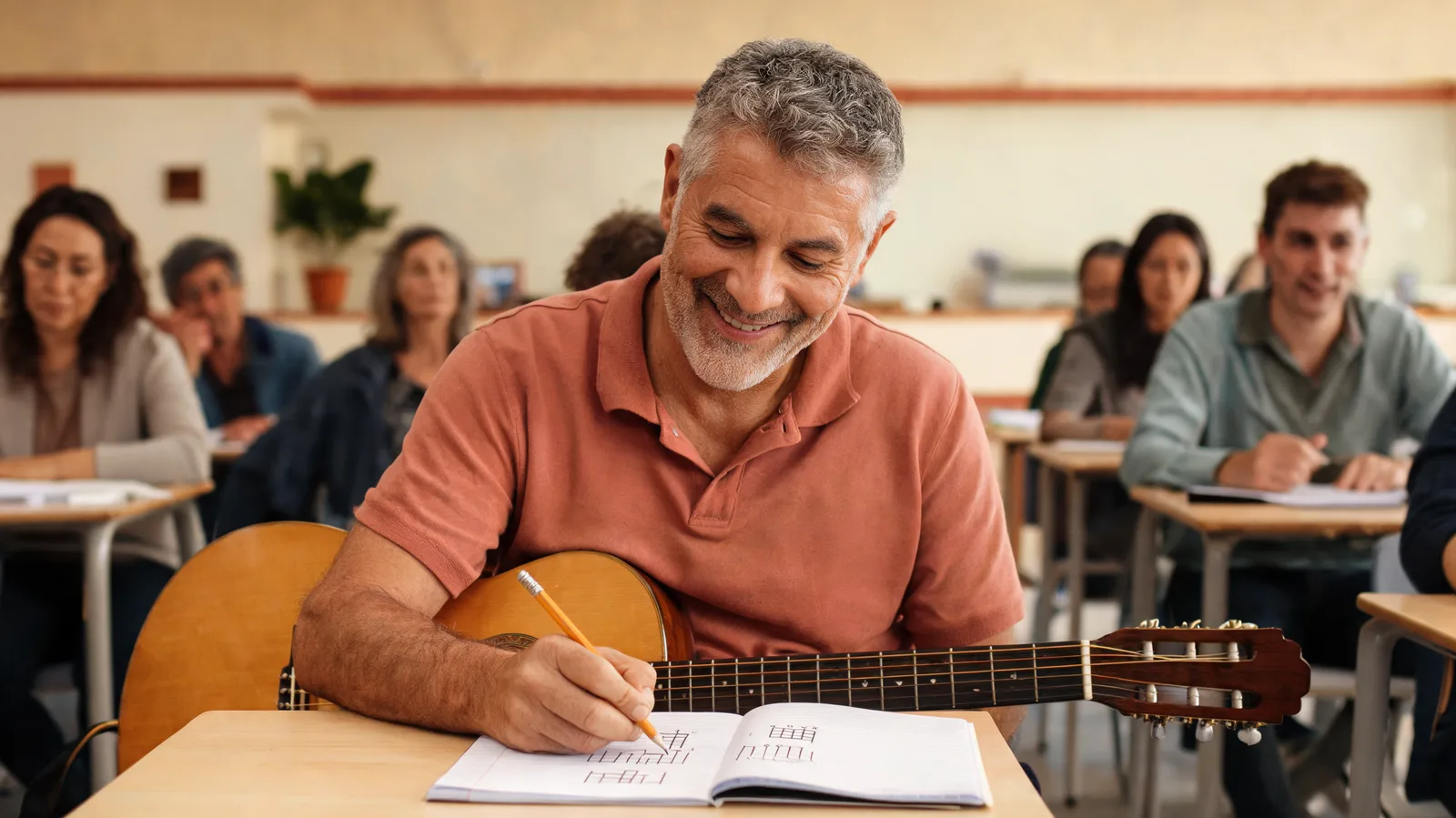 Older man in a community class writing in a notebook with an acoustic guitar across his lap.