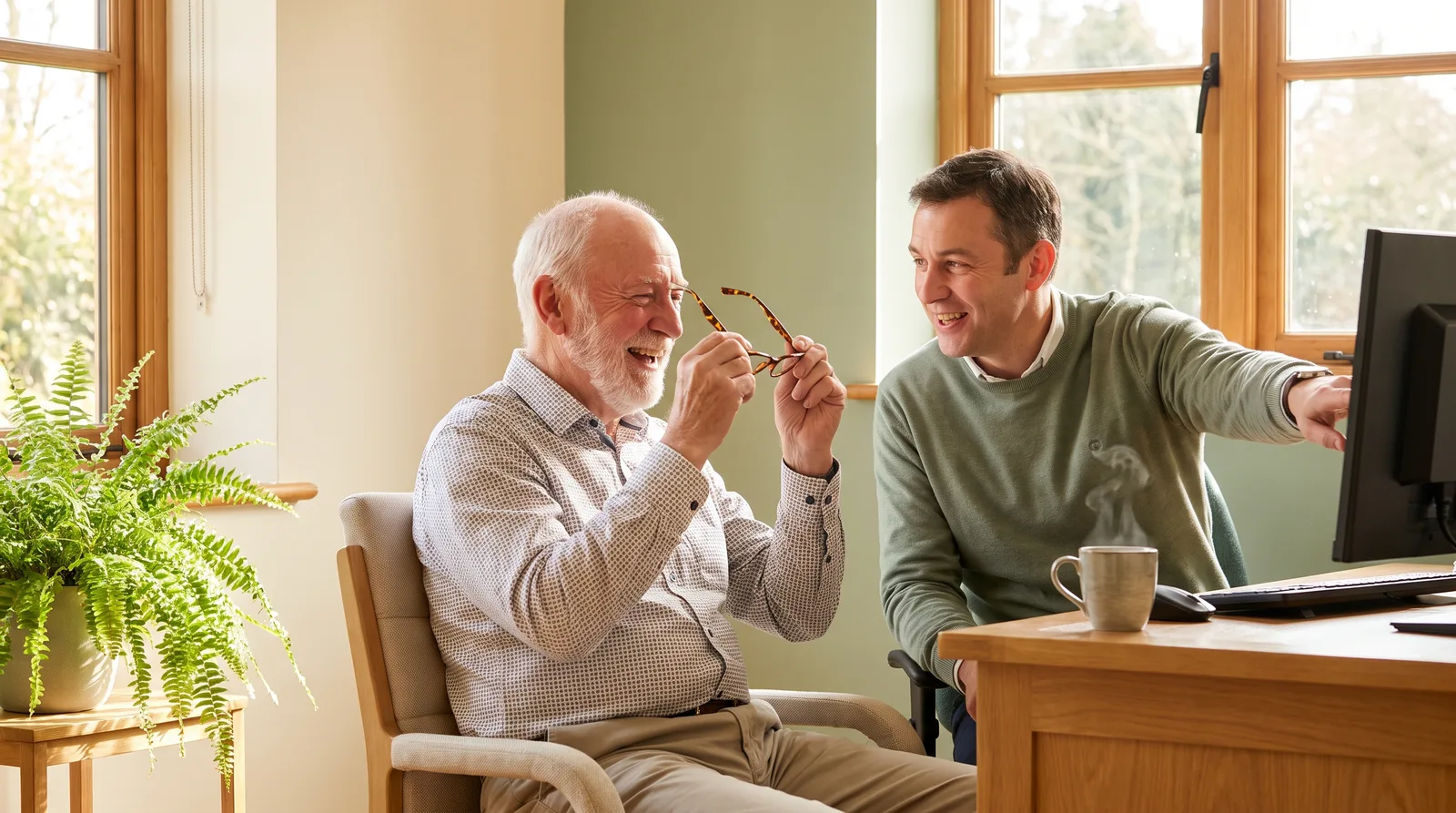 An older man holding his glasses and smiling while an optometrist points to a screen beside him.