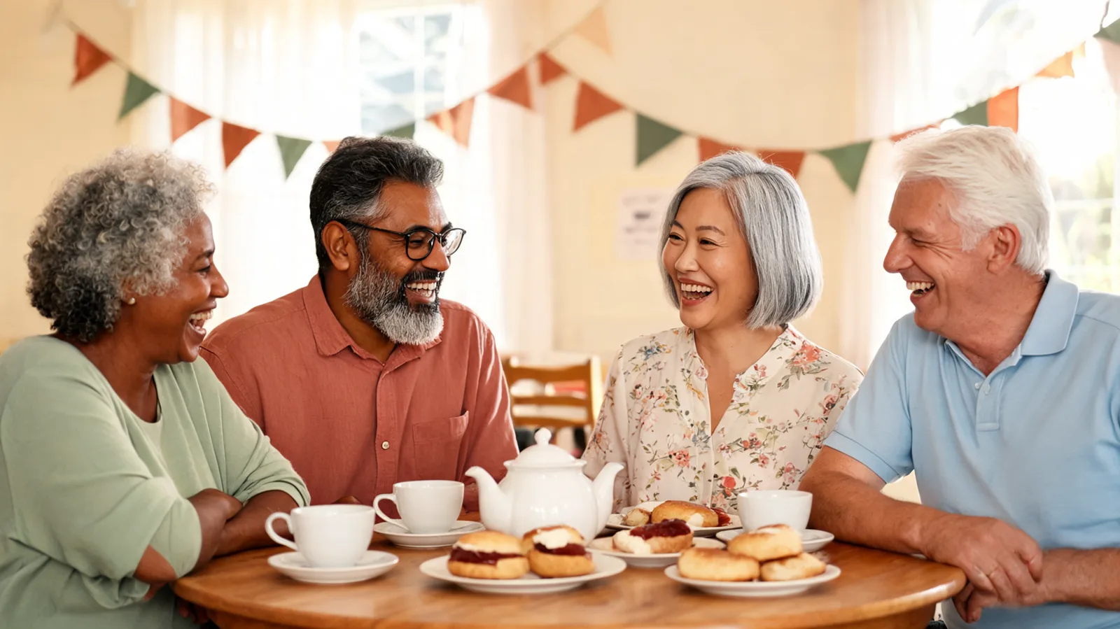 A mixed group of four older people chatting together over a community morning tea.