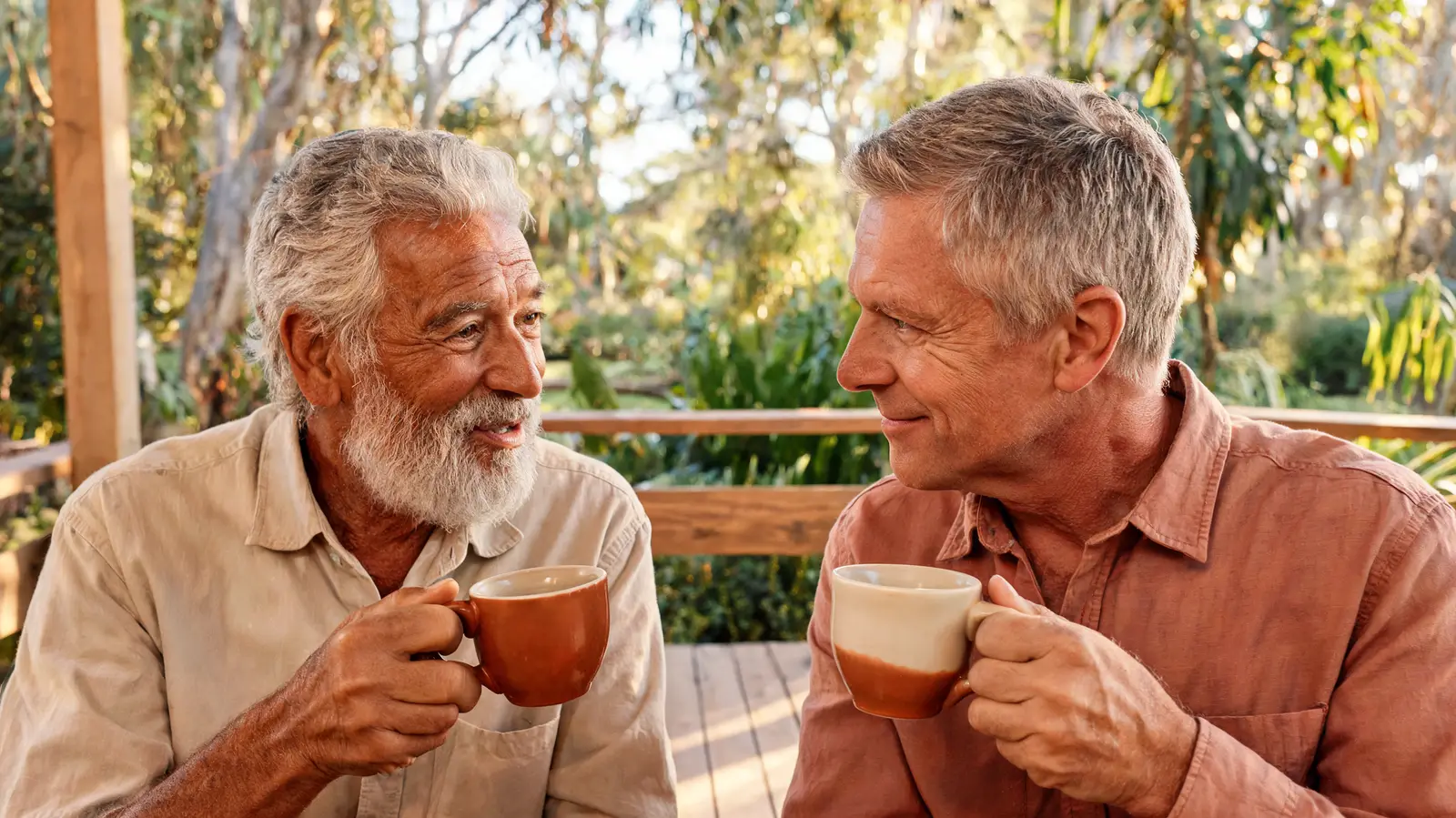 Two older men in warm conversation over mugs of tea on a sunlit verandah, one listening attentively to the other.