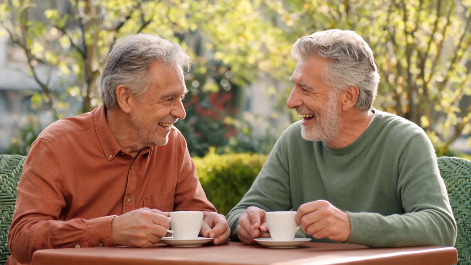 Two older men sharing tea and easy laughter at an outdoor cafe table.