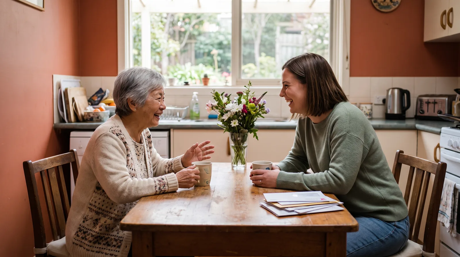 An older woman and a younger woman laughing together over tea at a kitchen table, with paperwork and flowers beside them.