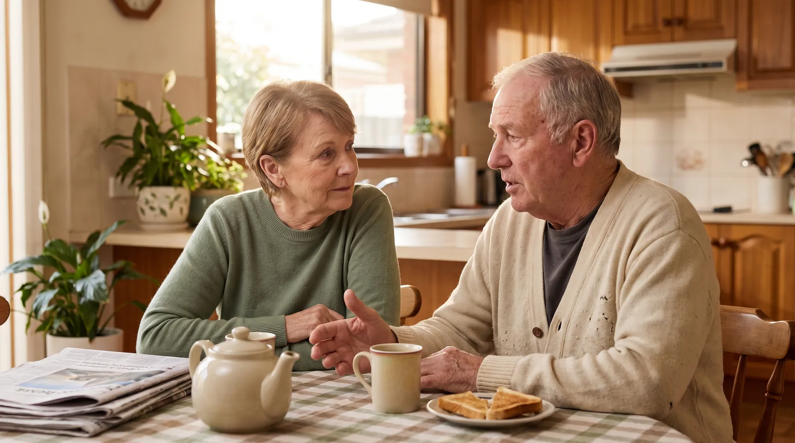 An older couple talking seriously over tea and toast at their kitchen table.