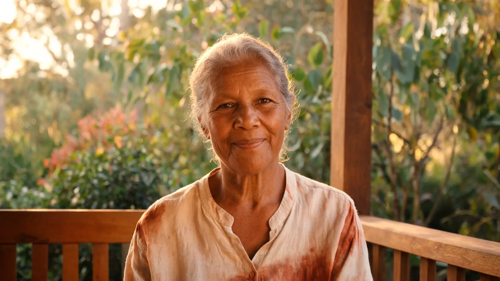 An Aboriginal Australian elder woman smiling on a verandah in golden morning light.