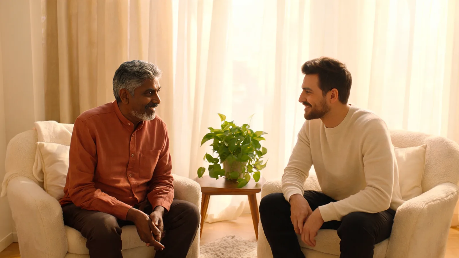 An older man in a calm, unhurried conversation with a health professional, both seated in a warmly lit room.