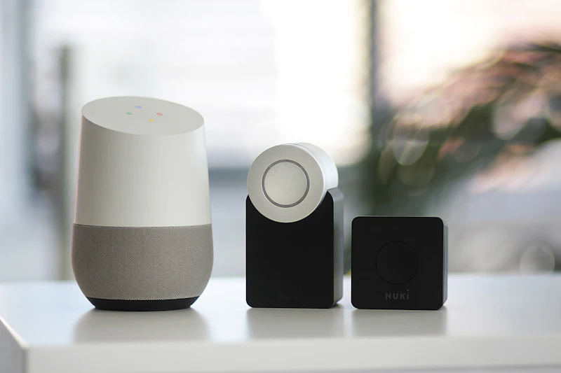 Smart home speaker device on a kitchen bench, helping seniors live independently