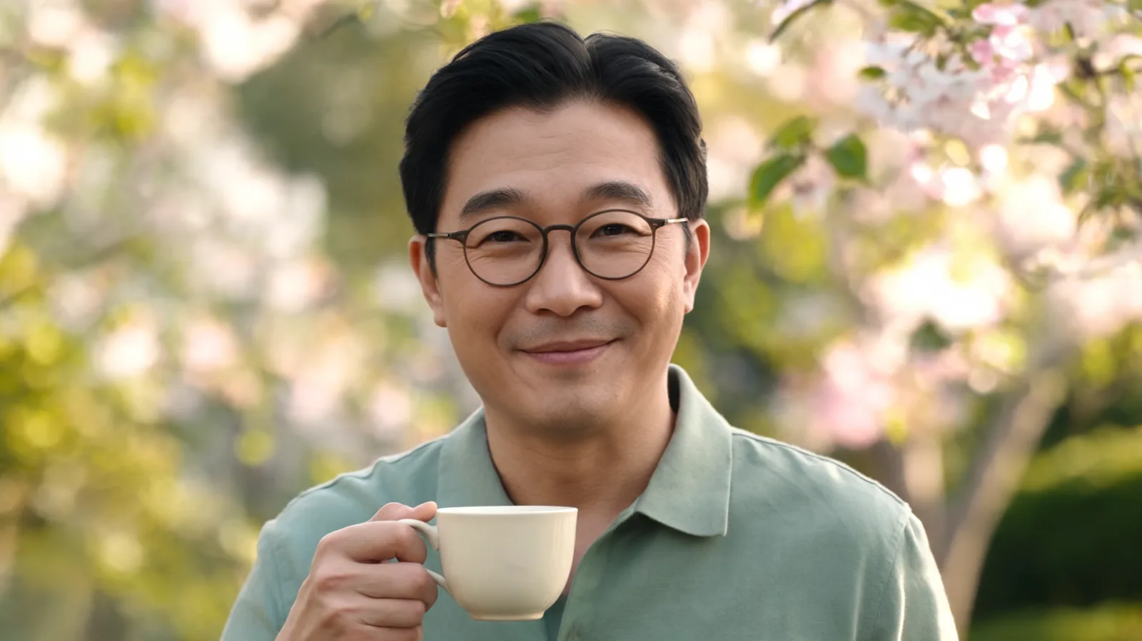 An older man smiling gently with a cup of tea at the edge of a blossoming spring garden.