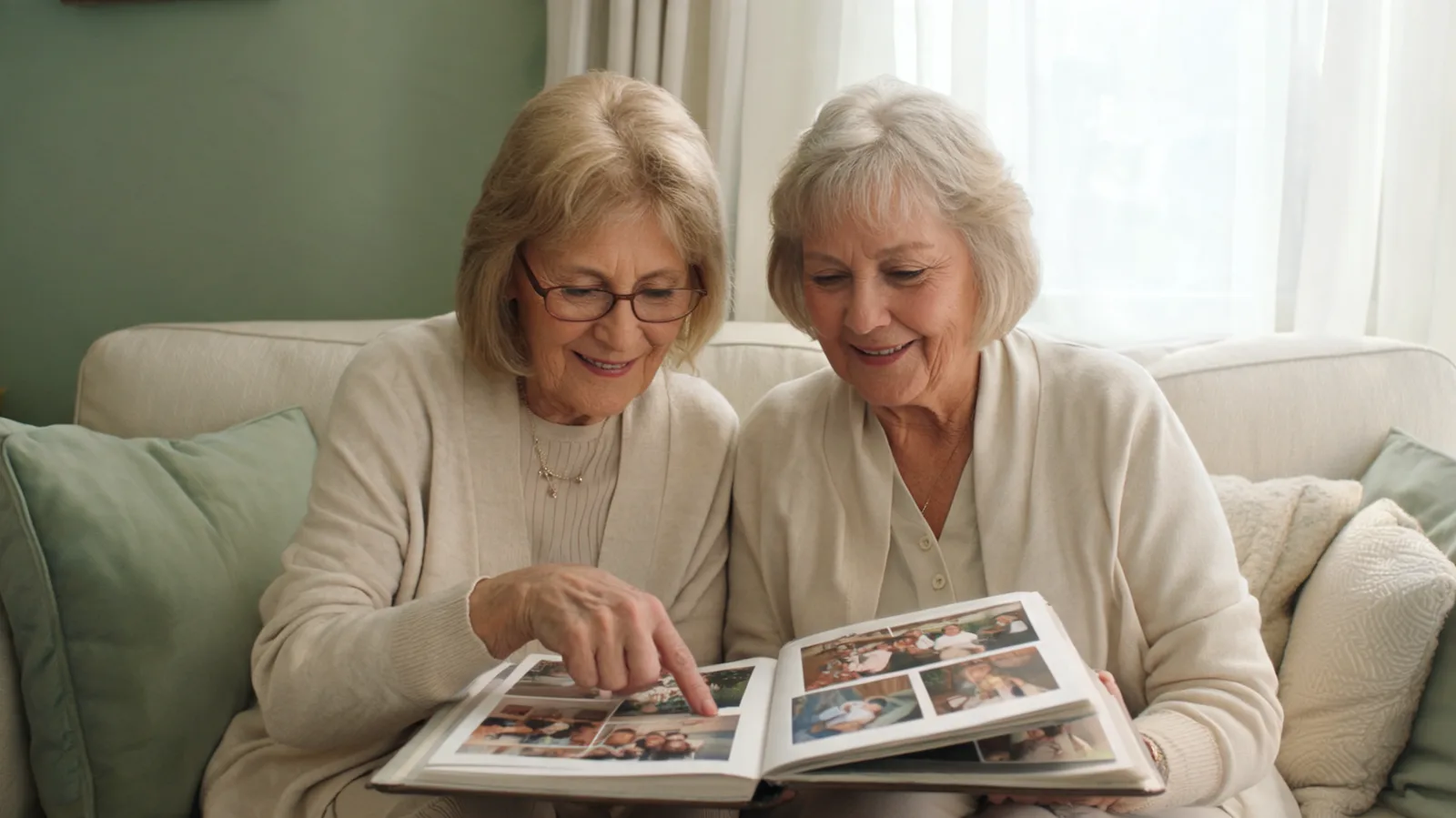 Two older women seated together on a lounge sharing a photo album, one gently pointing at a photograph.