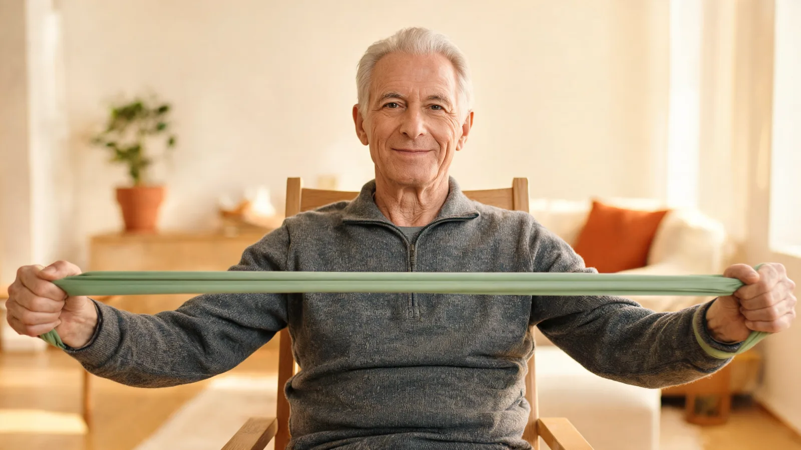 Man doing a seated resistance band exercise at home