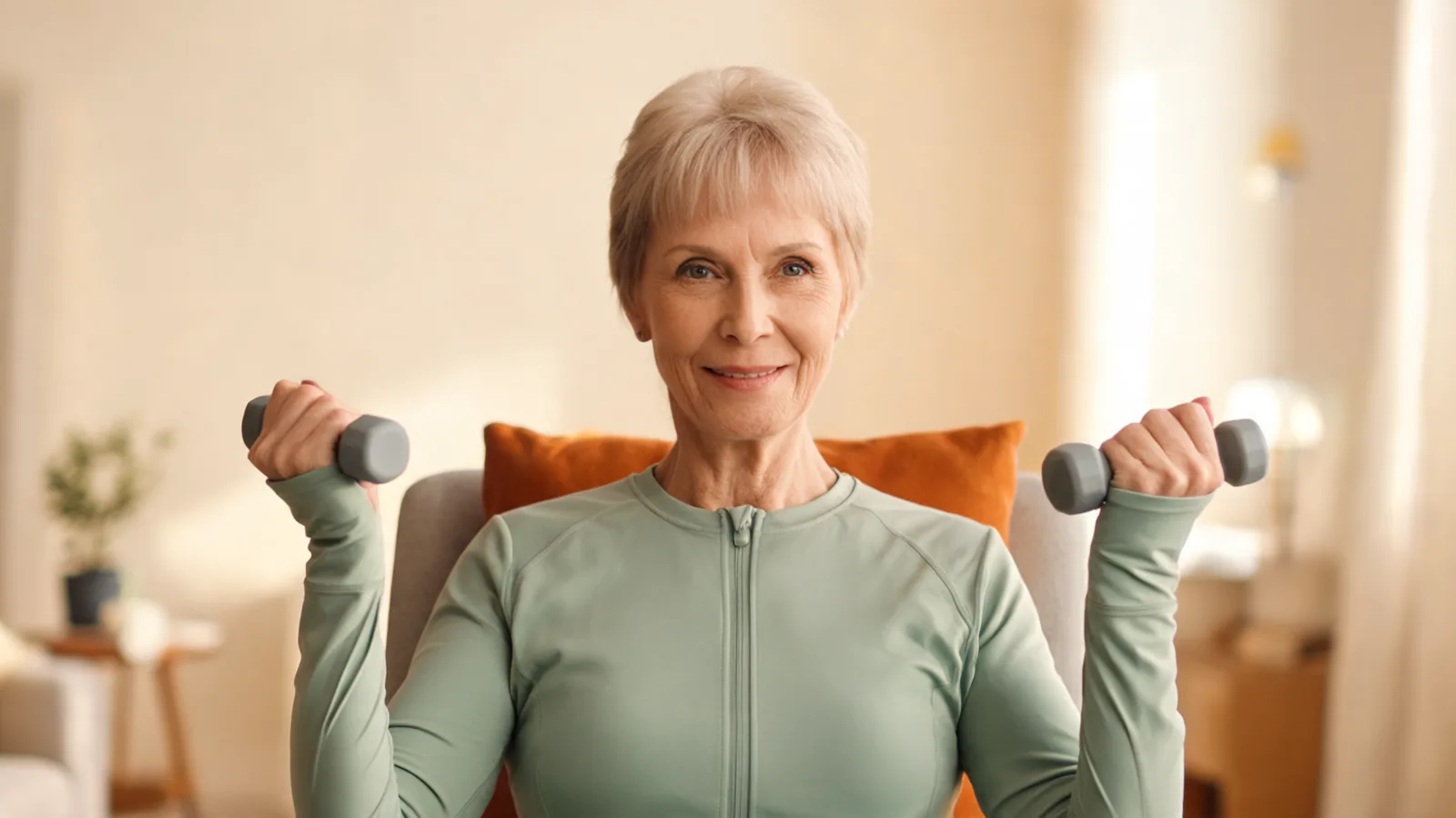 An older woman doing light hand weight exercises in her living room.