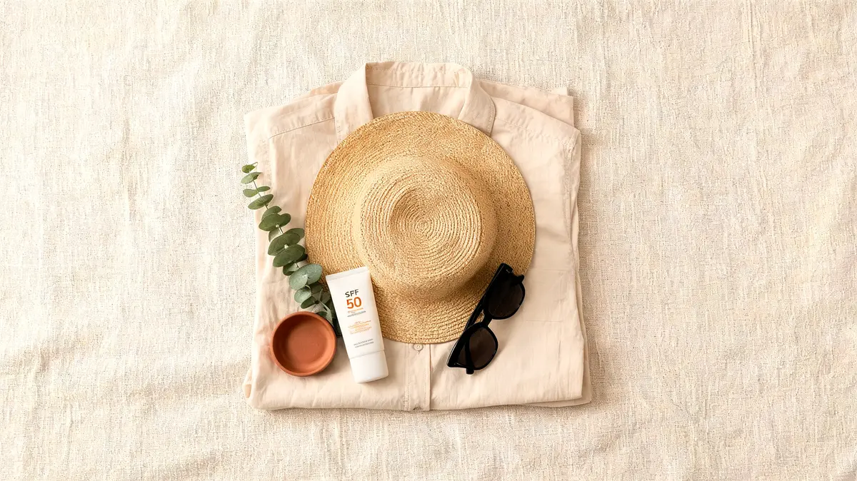 Sun hat, sunglasses, sunscreen and a long sleeved shirt laid out on cream linen