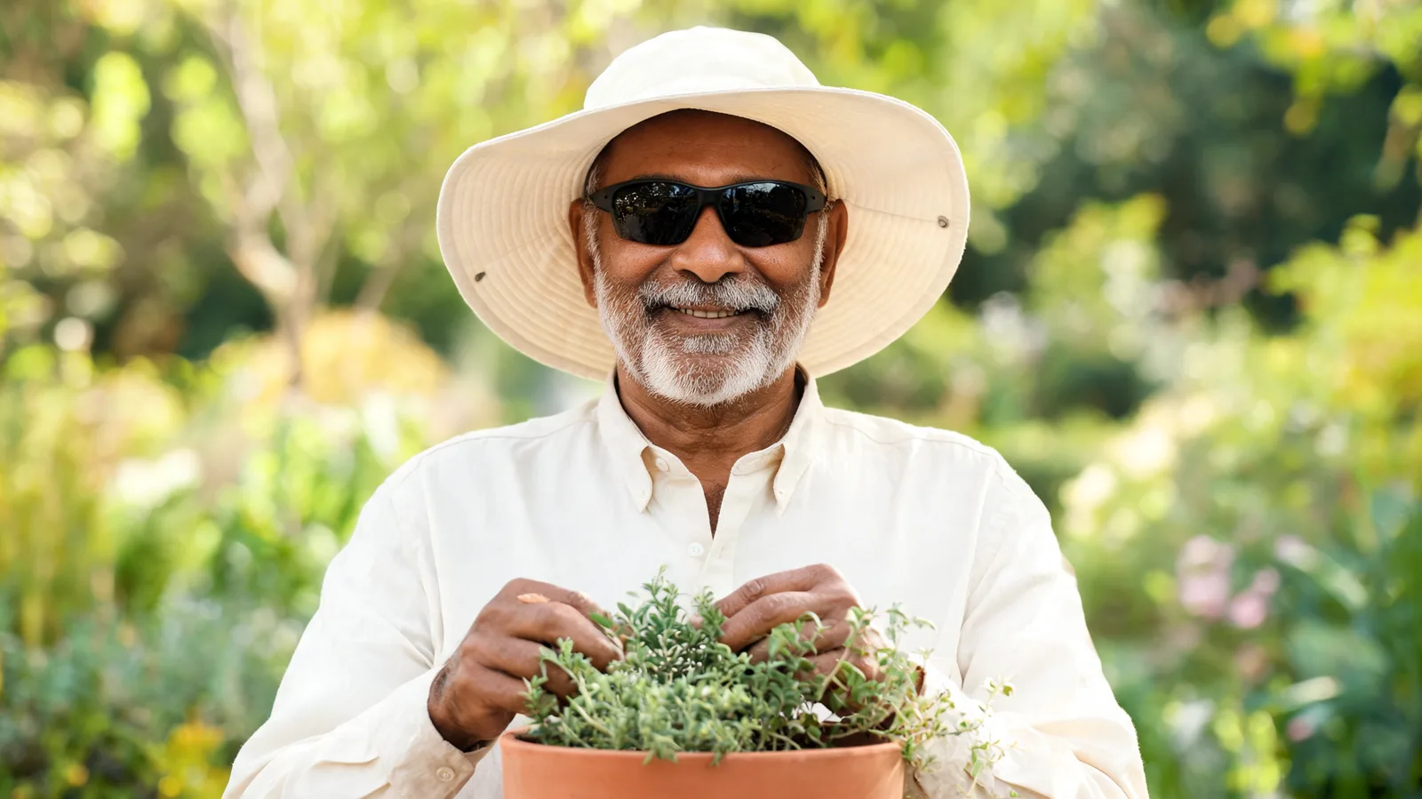 An older man gardening in a wide-brimmed hat and sunglasses on a bright spring day.