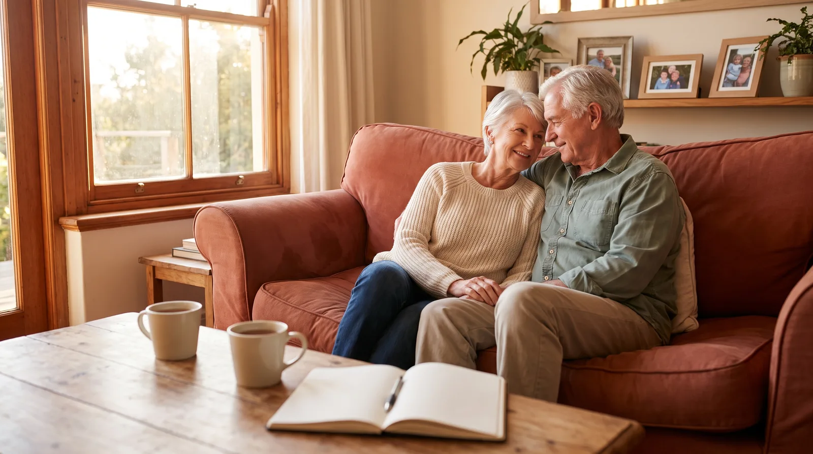 An older couple sitting close together on their lounge, with an open notebook and two cups of tea on the table in front of them.