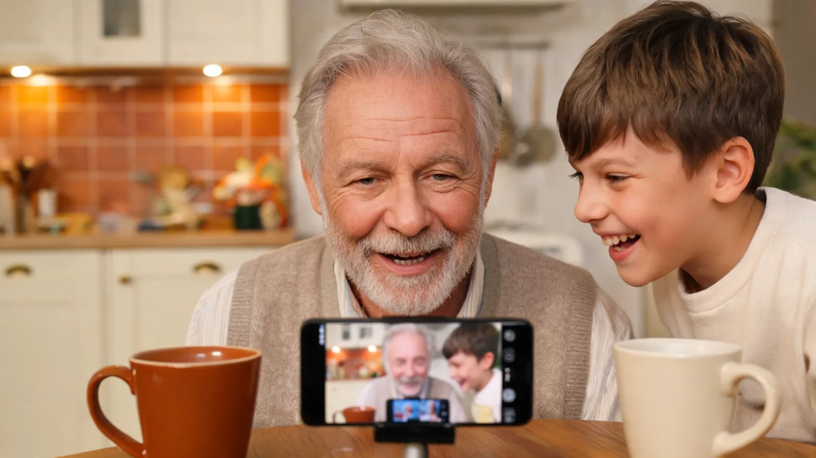 An older man at a kitchen table telling a story to his smiling grandchild, with a smartphone recording between them beside two mugs of tea.