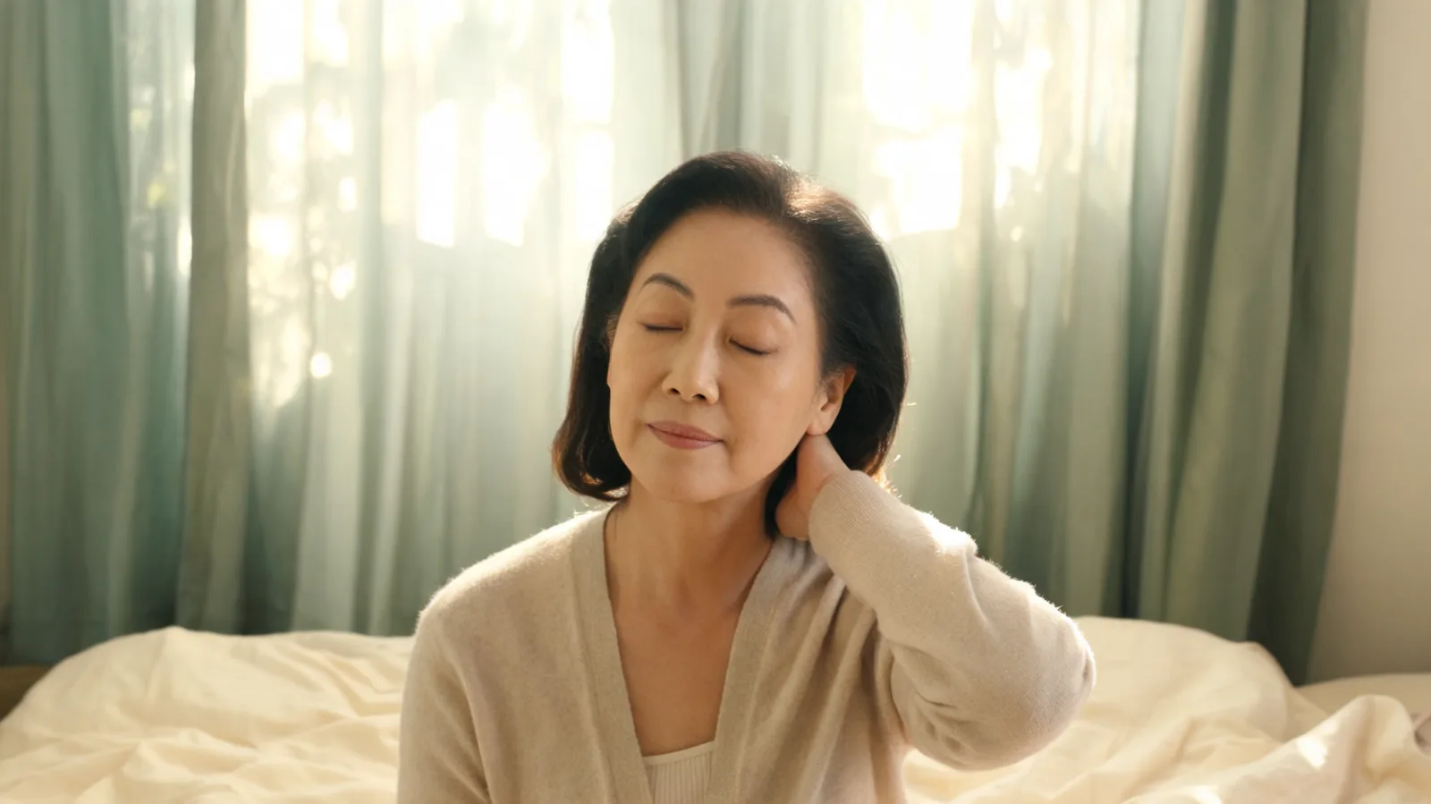 Older woman in a cardigan doing a gentle seated neck stretch on the edge of her bed in morning light.