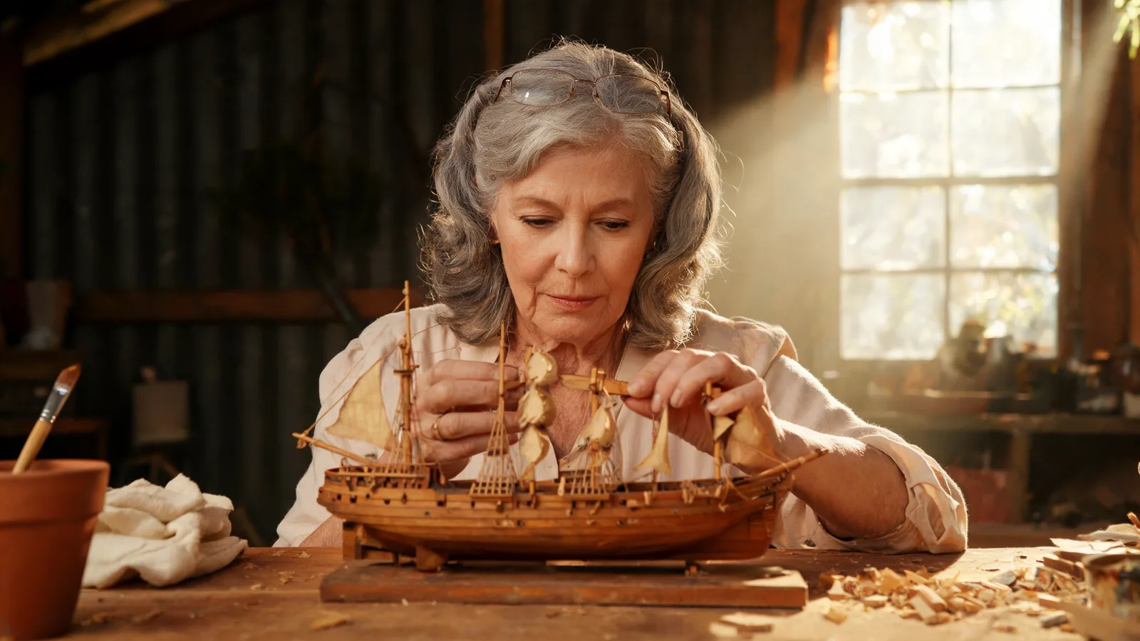 Older woman at a workbench fitting a piece into a wooden model sailing ship in afternoon light.