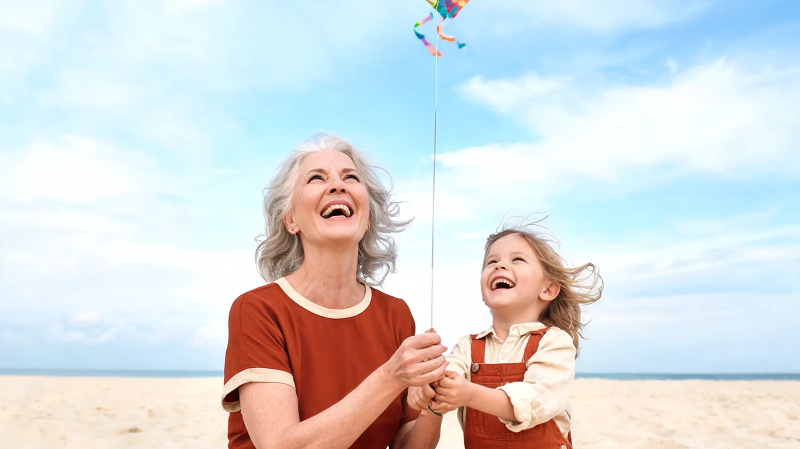 Grandmother and a young child flying a kite together on a beach.