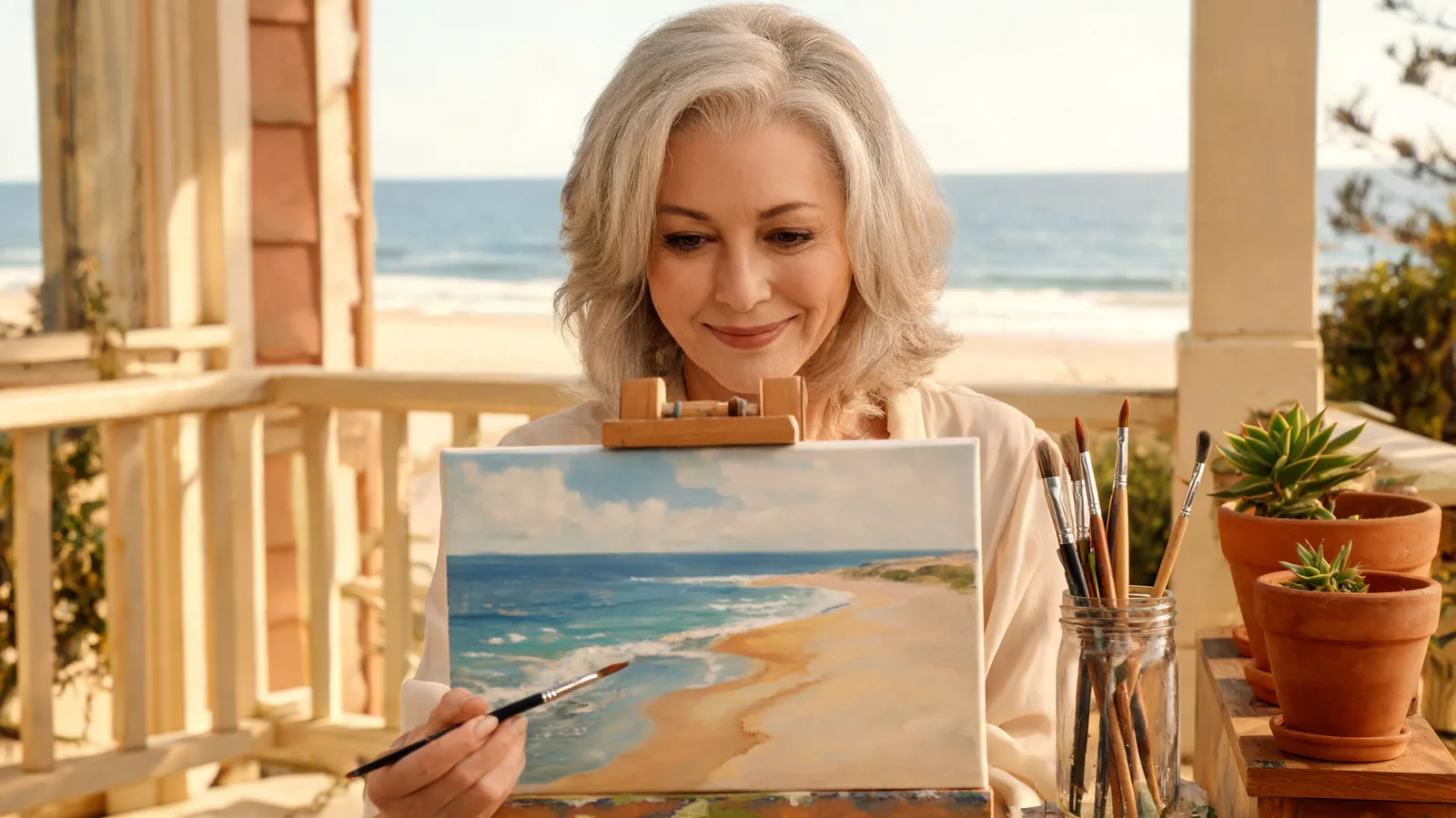 Older woman painting a coastal scene at an easel on a sunny verandah.