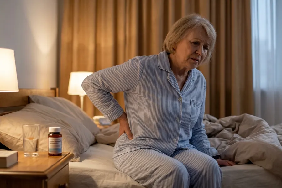 Senior woman sitting on edge of bed at night with hand on lower back, illustrating how pain can disrupt sleep and how poor sleep can worsen pain.