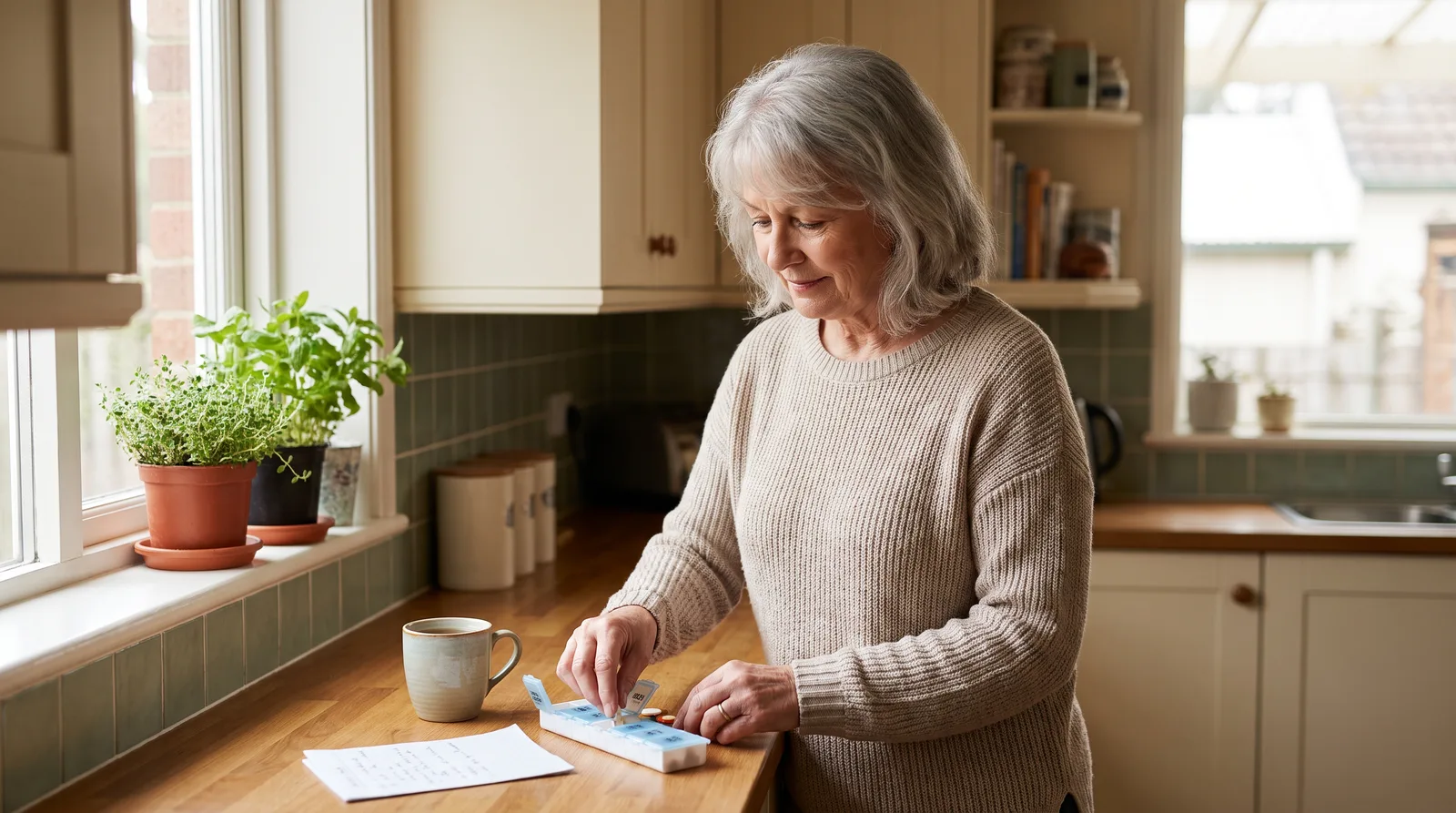 An older woman filling a weekly pill organiser at her kitchen bench, with a written medicines list beside her.
