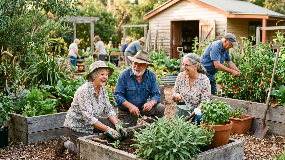 Senior volunteers working together in a community garden, planting and tending raised garden beds