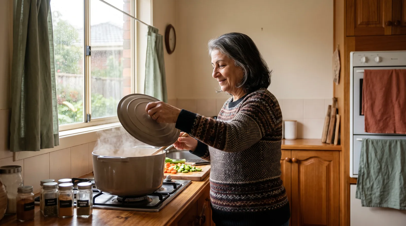 An older woman lifting the lid on a pot of soup at her stove, with chopped vegetables ready on the bench and rain on the window.