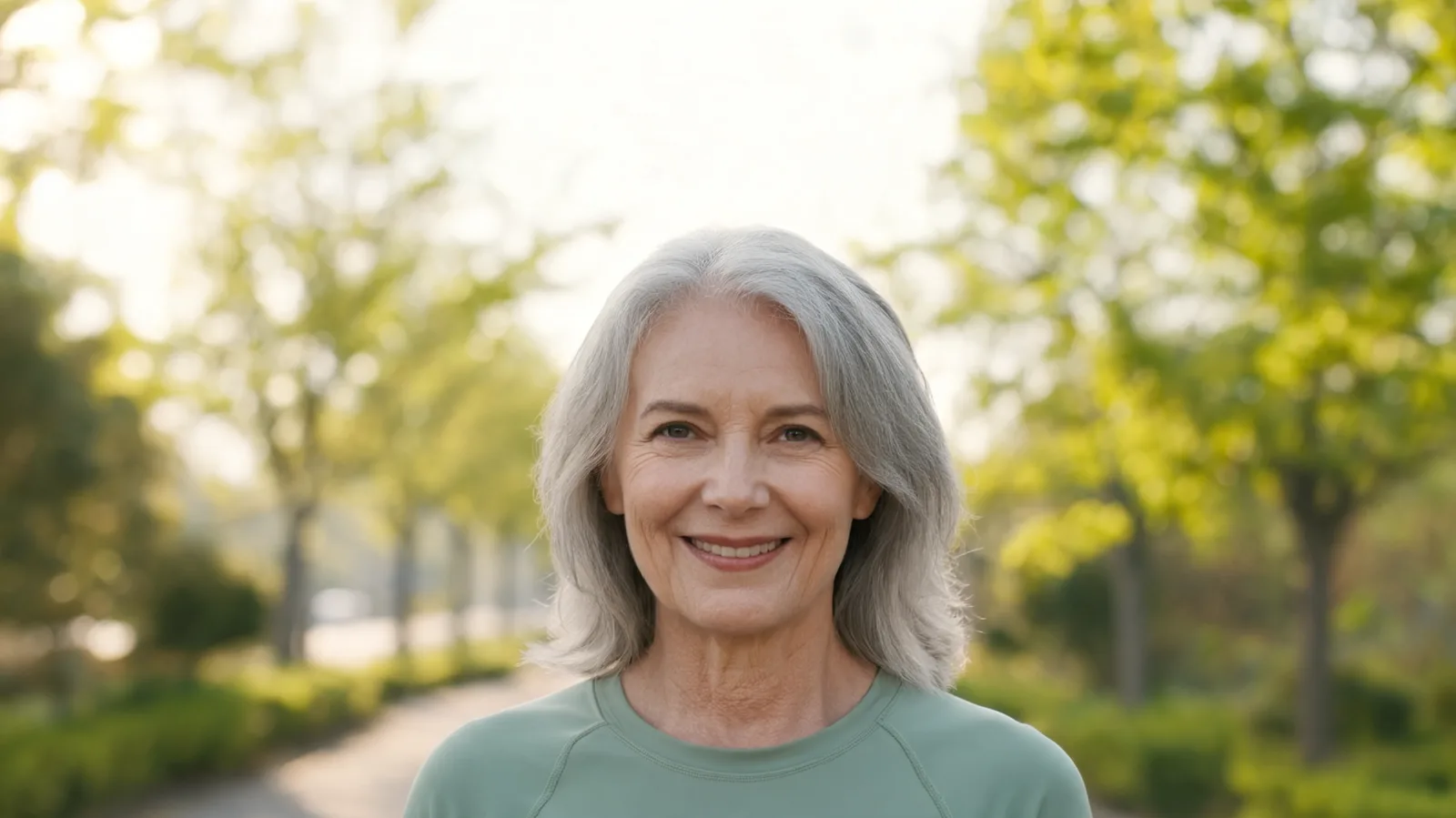 An older woman in light activewear walking along a tree-lined suburban path in early spring morning light.