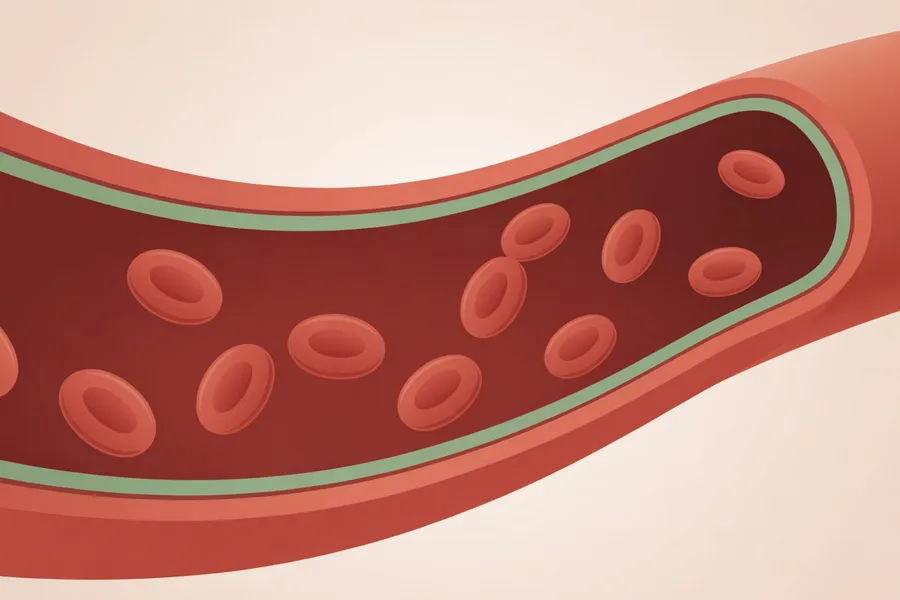 Stylised illustration of healthy blood circulation showing red blood cells flowing through a blood vessel, representing how Cycloid Vibration Therapy may support circulation.