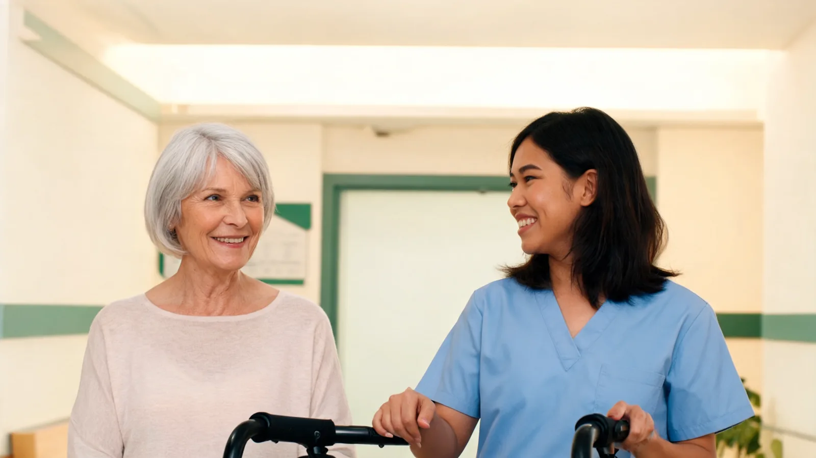 Older woman smiling with a physiotherapist as they adjust the handles of a four wheel walker in a clinic hallway.