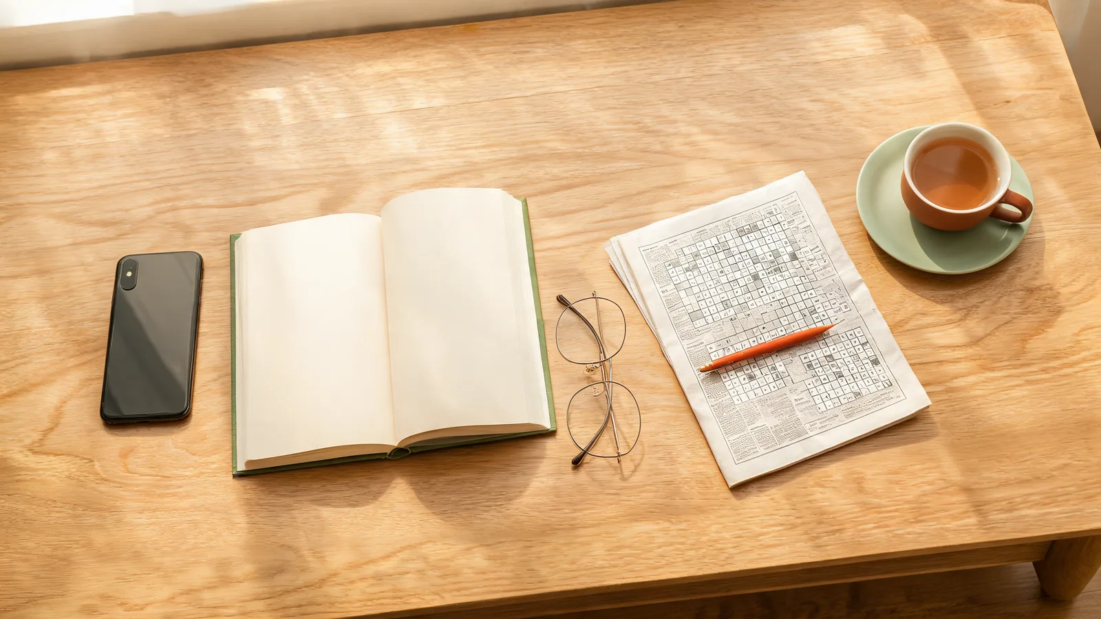 A phone face down on a timber table beside an open book, reading glasses and a crossword.
