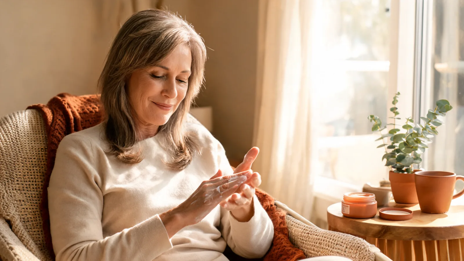 An older woman applying moisturiser to her hands while sitting by a sunlit window on a winter afternoon.