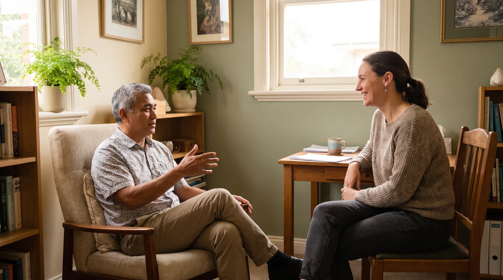 An older man in relaxed conversation with a health professional in a bright, plant filled consulting room.