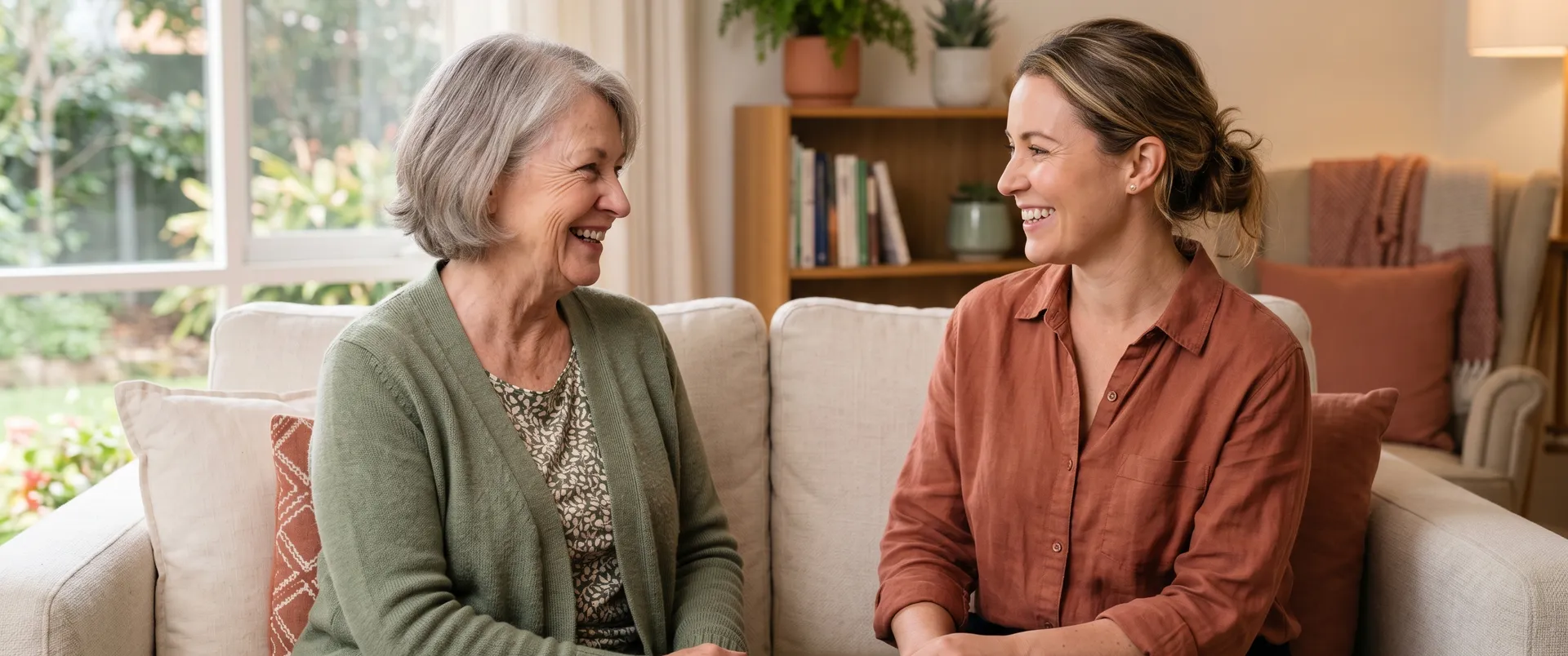 An older Australian woman sitting on a sofa beside a friendly therapy specialist in a warm home setting
