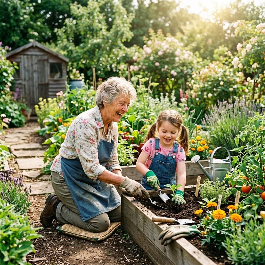 A grandmother gardening with her granddaughter